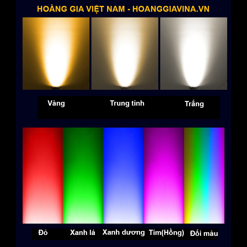 Đèn led âm nước có nhiều loại màu sắc ánh sáng, đơn màu có Trắng, Vàng, Trung tính, Đỏ, Xanh lá, Xanh dương, Tím; đổi màu RGB có 7 màu thay gồm: Đỏ, Xanh lá, Xanh dương, Xanh lơ, Trắng, Vàng, Tím. Ngoài ra, tại Hoanggiavina.vn còn có loại sử dụng điều khiển chọn màu cố định gồm Đỏ, Xanh lá, Xanh dương, Xanh lơ, Trắng, Vàng, Tím và 3 chế độ nháy M1, M2 M3. Điều khiển từ xa này cũng có thể tắt bật đèn.